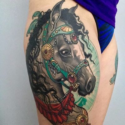 Carousel horse by James Tex #JamesTex #color #neotraditional #horse #jewelry #jems #stones #animal #hair #jewels #pearls #tattoooftheday