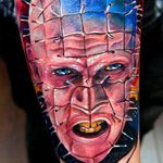 Strong colorwork in this tattoo from Barthez at Forevermore Tattoo #hellraiser #CliveBarker #cenobite #horror #movie #pinhead #Barthez #Forevermoretattoo