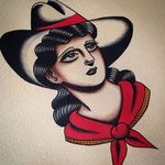 Cowgirl by Danielle Rose (via IG-daniellerosetattoo) #flashart #ladyheads #somber #cowgirl #traditional #daniellerose