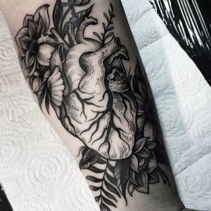 Anatomical heart with flowers tattoo.. #DmitriyTkach #heart #blackwork #anatomicalheart #flower #flowers