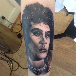 Rocky Horror Picture Show tattoo by Shelley Williams. #rockyhorror #rockyhorrorpictureshow #theater #film #classic #blackandgrey
