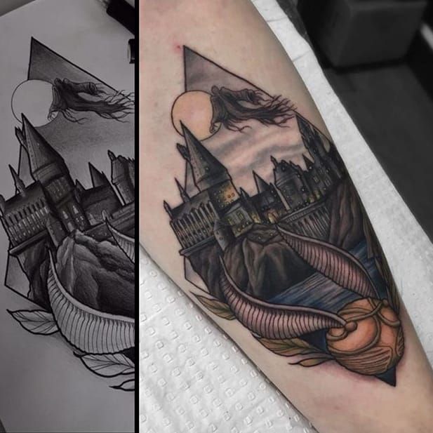 Tattoo uploaded by Alice SB  Tattoo by Alice SB AliceSb color  traditional newschool neotraditional mashup bold bright harrypotter  hogwarts castle school architecture building moon stars nightsky   Tattoodo