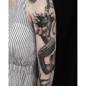 Mermaid tattoo by Mike Riina. #MikeRiina #sketch #blackandgrey #mermaid #woman