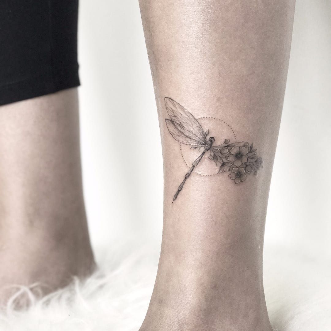 Dragonfly with Flower and Ivy Leaves Ankle Tattoo  Carmen Mulholland Art