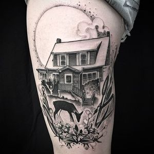 House tattoo by Tyler Allen Kolvenbach. #TylerAllenKolvenbach #house #home #architecture #blackwork