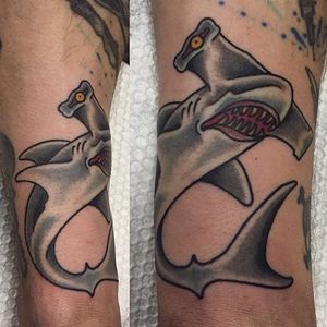 This traditional ahmmerhead shark just can't take its eyes off you. Tattoo by Luke James Smith. #shark #hammerheadshark #traditional #LukeJamesSmith #seacreature