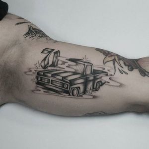 Truck Tattoo by Domino Daily #Fineline #BlackandGrey #FineLineTattoos #SingleNeedle #BlackandGreyTattoos #DominoDaily