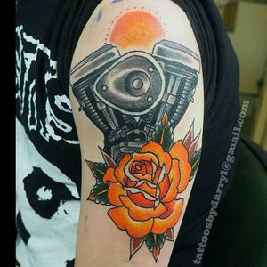 Engine Tattoo by Darryl Mullen #engine #mechanical #traditional #DarrylMullen #Rose