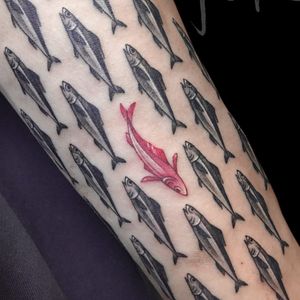 Against the Stream tattoo by Anubis Lok #AnubisLok #besttattoos #blackandgrey #redink #fish #oceanlife #newtraditional #mashup #different #clever #tattoooftheday