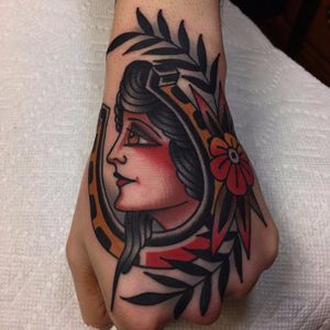 Traditional lady by Dannii G #DanniiG #dannii_ltp13 #traditional #lady #pinup #horseshoe #color #flower #leaves #tattoooftheday