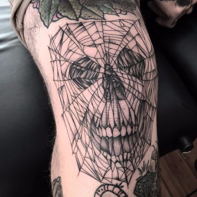 Spiderweb skull by Sera Helen #SeraHelen #linework #blackwork #dotwork #skull #spiderweb #pattern #death #oldschool #tattoooftheday