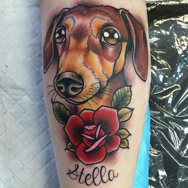 Tattoo uploaded by Stacie Mayer • Stella the dachshund by Adam Miller.  #rose #dog #dachshund #neotraditional #AdamMiller • Tattoodo