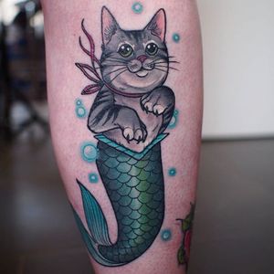 Purrmaid tattoo by Nicole Draeger. #NicoleDraeger #neotraditional #cat #mermaid #purrmaid #mythical #fantasy