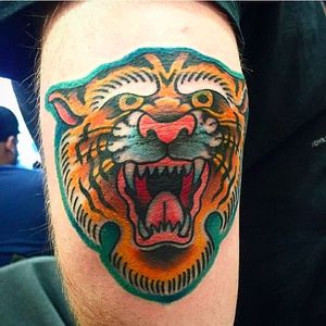 Fierce looking tiger head tattoo by Simon Blay. #SimonBlay #TLCtattoo #TraditionalLondonClan #boldtattoos #tiger #head