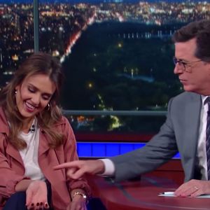 Colbert points out Alba's wrist tattoo. #JessicaAlba #StephenColbert #wrist #lotus #ActorTattoos #tattoos #celebritytattoos