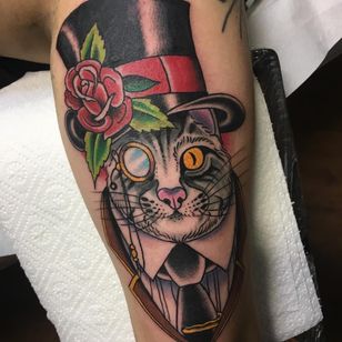 Top Hat cat tattoo by Klem Diglio #KlemDiglio #petportraittattoo #color #newtraditional #pet #cat #kitty #tophat #rose #hat #tie #monocle #dapper #style #animal #nature #flower #leaves #tattoooftheday