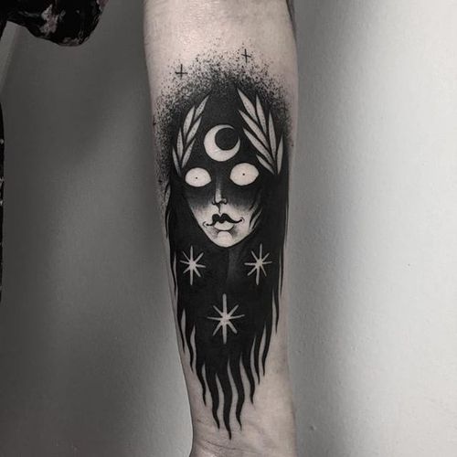 Moonchild by Laura Yahna #LauraYahna #blackwork #moon #star #tattoooftheday