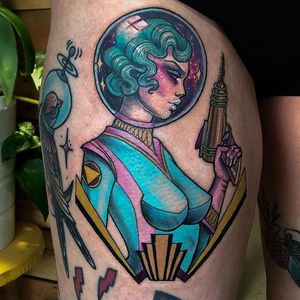 Space invader via instagram hannahflowers_tattoos #space #alien #woman #portrait #neotraditional #color #ladyhead #hannahflowers