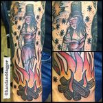 Burning Witch Tattoo by Jenna Hayes #witch #witchtattoo #burningwitch #burningwitchtattoo #witchhunt #witchhunttattoo #horrortattoo #JennaHayes