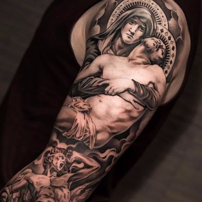 PIeta by Noah Minuskin #NoahMinuskin #blackandgrey #realism #realistic #virginmary #Jesus #religious #clouds #pieta #stainedglass #sculpture #Christian #tattoooftheday