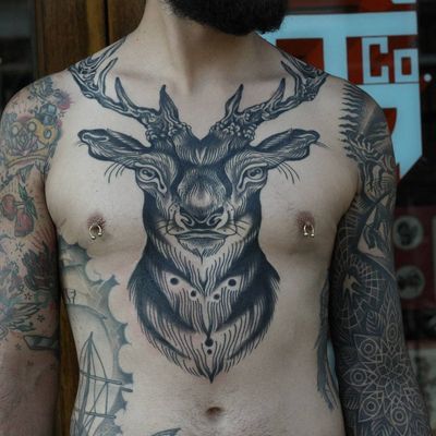 Tattoo by Franco Maldonado #FrancoMaldonado #blackandgrey #illustrative #newtraditional #darkart #surreal #linework #deer #buck #antlers #fur #animal #forest #nature