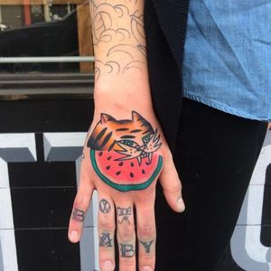 Melon tiger tattoo by Knarly Gav #GnarlyGav #tiger #melon #sketch (Photo: Instagram)