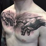 Black and grey Michelangelo hands tattoo by Benjamin Laukis #BenjaminLaukis #michelangelohands #michelangelo #sistinechapel #creationofadam #adam #god #hands #fineart #painting #art #blackandgrey