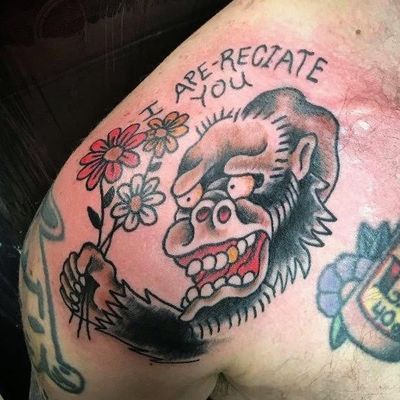 I Ape-reciate You tattoo by Dick Verdammt #dickverdammt #funnytattoos #traditional #color #flowers #daisy #ape #text #cute #monkey #animal