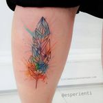 Watercolor geometric feather tattoo by Jess Hannigan #JessHannigan #geometric #feather #watercolor #pastel