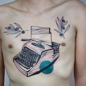 Typewriter tattoo by Peter Aurisch #PeterAurisch #illustrativetattoos #illustrative #drawing #linework #abstract #typewriter #writer #leaves #floral #berries #shape #color