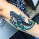 An awesome traditional whale tattoo from Deno's (IG—denotattoo) body of work. #Deno #streetart #surreal #traditional #trippy #whale