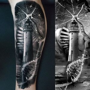 Lighthouse Tattoo by Maksims Zotovs #BlackandGrey #BlackandGreyRealism #RealismTattoos #BlackandGreyTattoos #MaksimsZotovs