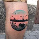 Yacht by the dock tattoo by Daria Stahp. #DariaStahp #yacht #sunset #lake #silhouette #stunning #sky