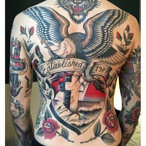 Backpiece Tattoo by Stizzo #traditional #fineline #traditionalfineline #cross #eagle #rose #classictattoos #Stizzo