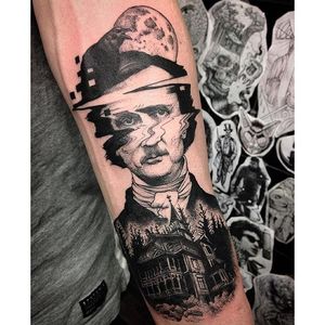 Glitch Edgar Allan Poe tattoo by Max Amos. #MaxAmos #blackwork #glitch #pointillism #dotwork #edgarallanpoe