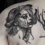Demon girl tattoo by Gghost #Gghost #demontattoos #blackandgrey #linework #illustrative #darkart #horror #demon #ladyhead #horns #possessed #devil #hell #tears