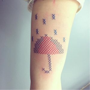 Cross-stitch umbrella tattoo by Mariette #Mariette #crossstitch #umbrella #rain #blueink #redink