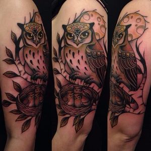 Cute owl family tattoo by Hilary Jane Petersen #HilaryJanePetersen #nature #neotraditional #owl #babyowl #nest