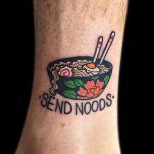 Pho tattoo by Ash Hochman #AshHochman #color #traditional #newtraditional #Japanese #mashup #foodtattoo #photattoo #ramen #pho #food #chrysanthemum #chopsticks #egg #radish #text #font #tattoooftheday