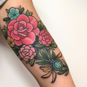 Jewel of a rose by Tilly Dee #TillyDee #color #neotraditional #rose #peony #daisy #flower #jewel #gem #sparkle #leaves #bouquet #nature #tattoooftheday