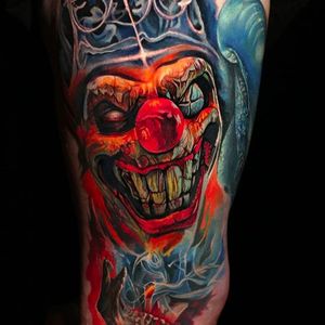 Evil clown tattoo by Dongkyu Lee @q_tattoos #dongkyu #dongkyulee #realism #realistic #portrait #korea #evilclown #clown