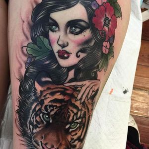 Girl and Tiger Tattoo by Ly Aleister @Lyaleister #Lyaleister #LyAlistertattoo #Girls #Girl #Girltattoo #Neotraditional #Neotraditionaltattoo #Brisbane #Australia #Tiger