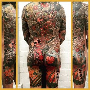 Wild boar traditional Japanese back piece by Rob Abell. #japanese #traditionaljapanese #boar #wildboar #flowers #backpiece #RobAbell