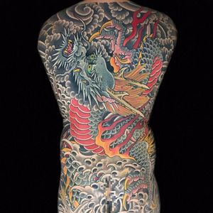 Dragon Bodysuit by Henning Jorgensen #HenningJorgensen #color #Japanese #clouds #waves #dragon #fire #scales #fangs #horns #folklore #magic #fantasy #bodysuit #backpiece #tattoooftheday