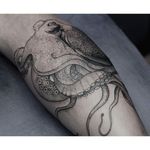 Blackwork octopus tattoo by Dmitriy Zakharov. #DmitriyZakharov #blackwork #dotwork #octopus