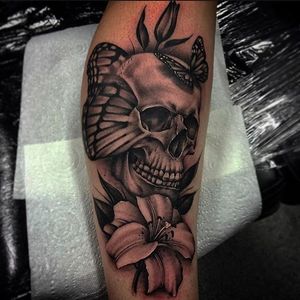 Skull and butterflies tattoo by Bobby Loveridge @bobbalicious_tattoo #black #blackandgray #churchyardtattoostudio #uk #skull #butterfly