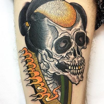 Skull tattoo by Teide #Teide #besttattoos #color #Japanese #newtraditional #mashup #skull #fire #teeth #goldtooth #Samurai #pattern #death #tattoooftheday