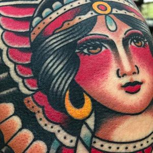 Gypsy girl up close traditional tattoo by @jacobdoneytattoo #jacobdoneytattoo #traditional #traditionaltattoo #envisiontattoostudio #gypsy #girl #lady