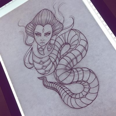 Tattoo flash by Silly Jane #SillyJane #Illustration #tattooflash #flash #linework #ladyhead #lady #yokai #snake #reptile #portrait #magic #scales