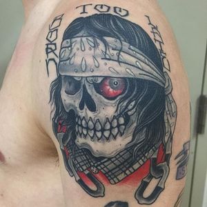 Beau Brady shows off his eye-popping lettering in this banger of a machismo skull. #banger #BeauBrady #bold #chains #skull #traditionalamerican